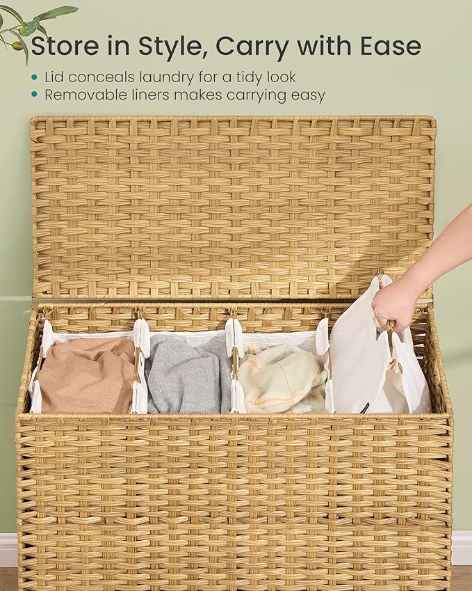 SONGMICS Laundry Hamper with Lid, PE Rattan Laundry Basket with Removable Liner, Storage Basket for Bedroom Living Room, 4-Section Sorter, 55.4 Gallons (210 L), Goose Yellow ULCB224YE01