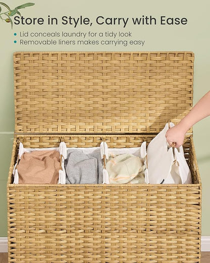 SONGMICS Laundry Hamper with Lid, PE Rattan Laundry Basket with Removable Liner, Storage Basket for Bedroom Living Room, 4-Section Sorter, 55.4 Gallons (210 L), Goose Yellow ULCB224YE01