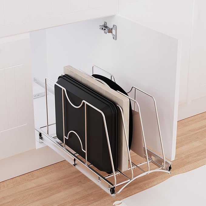 STORKING Pull Out Cookie Sheet Organizer for Cabinet, Pan and Pot Rack, Cutting Board Organizer Rack, Baking Tray Organizer for Cabinet, Adjustable Divider Width, 11" W x 22" D x 11.8" H, Chrome