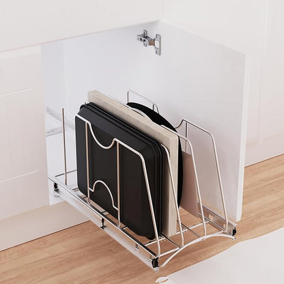 STORKING Pull Out Cookie Sheet Organizer for Cabinet, Pan and Pot Rack, Cutting Board Organizer Rack, Baking Tray Organizer for Cabinet, Adjustable Divider Width, 11" W x 22" D x 11.8" H, Chrome