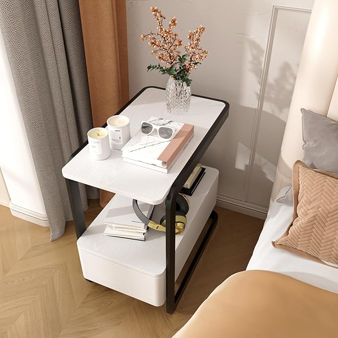 Narrow Side Table, End Table with Drawer& Storage Shelves, Modern Sofa Couch Table Curved Bedside Table for Living Room Bedroom, Narrow Nightstand with Thickening Iron Shelves for Small Space, White