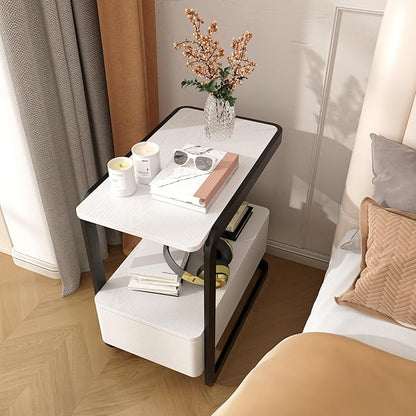 Narrow Side Table, End Table with Drawer& Storage Shelves, Modern Sofa Couch Table Curved Bedside Table for Living Room Bedroom, Narrow Nightstand with Thickening Iron Shelves for Small Space, White