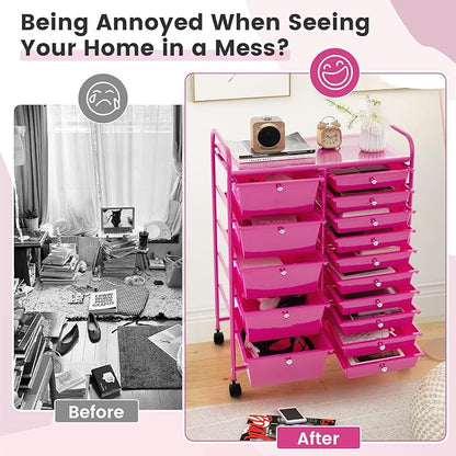 DORTALA 15-Drawer Rolling Storage Cart with Drawers, Rolling Utility Cart w/Removable Drawers & Universal Wheels, Tools Scrapbook Paper Organizer for School, Office, Home, Classroom (Hot Pink)