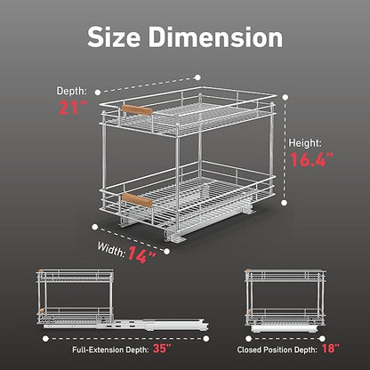 Pull Out Cabinet Organizer(14" W x 21" D), 2 Tier Slide Out Shelves with Wood Handle, Sliding Drawer Pull Storage Shelf for 15-1/4” Cabinet Opening, Chrome