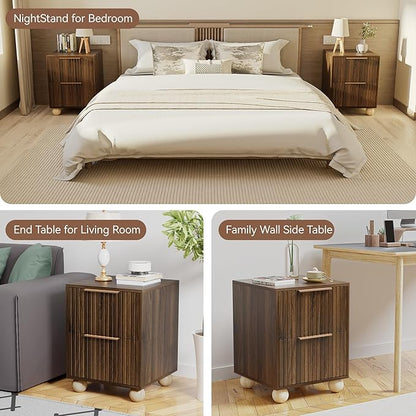 HOCAT Fluted Nightstand, Walnut Finish Bedside Table with Spacious Storage Drawers, Night Stand with Solid Wood Round Legs for Bedroom, End Table, Side Table