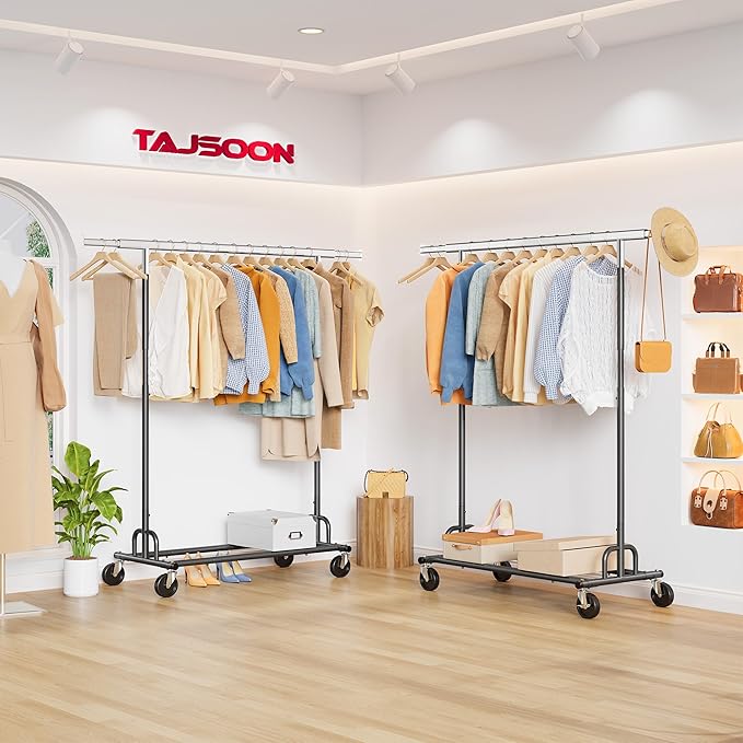 Tajsoon Clothes Rack Heavy Duty Clothing Rack Load 350 LBS, Rolling Clothing Rack for Hanging Clothes with Wheels & Extendable Rod, Collapsible Garment Rack with Bottom Shelf, Commercial, Black