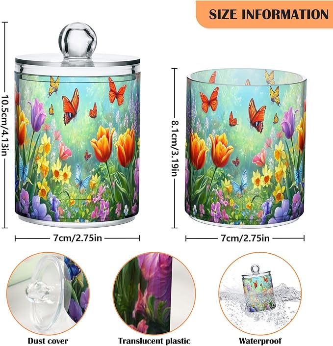 MNSRUU 2 Pack Qtip Holder Organizer Dispenser Easter Garden Tulips Daffodils Bathroom Storage Canister Cotton Ball Holder Bathroom Containers for Cotton Swabs/Pads/Floss