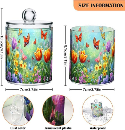MNSRUU 2 Pack Qtip Holder Organizer Dispenser Easter Garden Tulips Daffodils Bathroom Storage Canister Cotton Ball Holder Bathroom Containers for Cotton Swabs/Pads/Floss