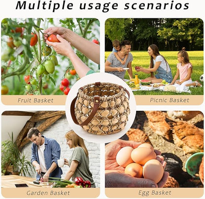 Farmhouse Oval Egg Baskets for Collecting Fresh Eggs,Small Wicker Basket with Handle,Garden Harvest Basket for Gathering Vegetables,Fruit Basket Bin for Kitchen,Garden,Picnic (Round-S)