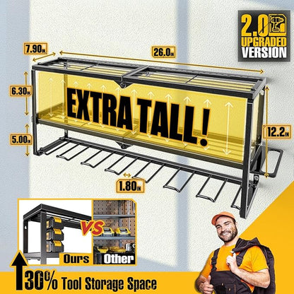 Power Tool Organizer for Tool Storage, Drill Holder Wall Mount with Screwdriver Organizer, Tool Holder for Garage Wall Organization, Heavy Duty Metal Tool Shelf with Battery Holder