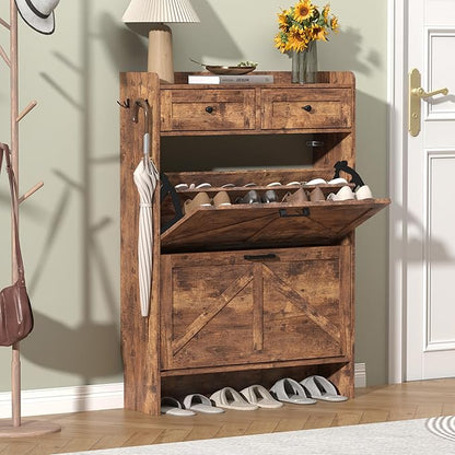 Shoe Cabinet with 2 Flip Drawers & 2 Storage Drawers, Rustic Farmhouse Narrow Shoe Organizer Cabinet, Slim Shoe Rack Cabinet, Shoe Storage Cabinet for Entryway, Hallway, Front Door