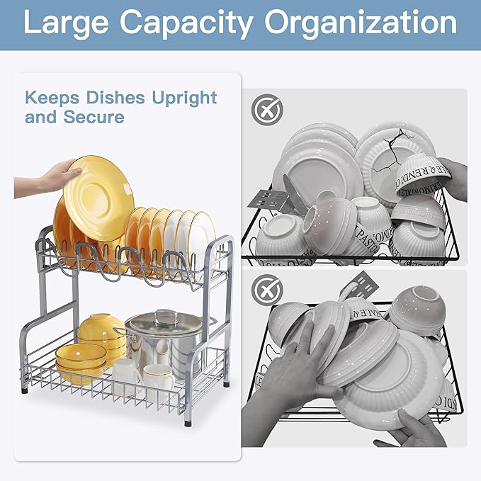 2 Tier Silver Large Capacity Dish Drainers Drying Rack for Kitchen Counter, Metal Stainless Steel Rust Proof Plate Strainers Holder On Countertop with Drainboard Tray, Space Saving, Aesthetic Modern