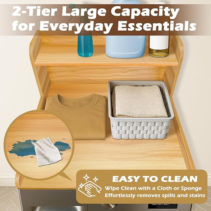 Royxen Washer Dryer Countertop with Shelf,2-Tier Laundry Countertop for Single Washer and Dryer,Soild Wood Core Washer Dryer Topper for Laundry Room Organization (Oak)