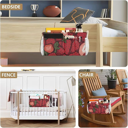 CuwrYet Bedside Caddy Hanging Bunk Bed Caddy Bed Organizer Hanging Pocket with 2 Hooks Bedside Storage Organizer Pocket Bag Holder Cartoon Red Strawberry