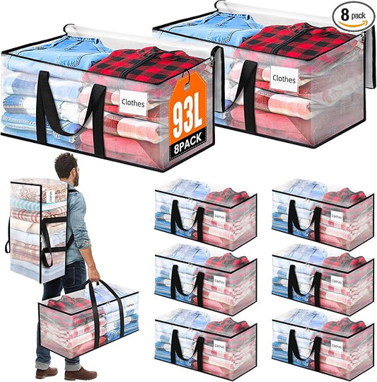 BlissTotes 8-Pack Large Moving Bags with Backpack Straps & Strong Zippers, Heavy-Duty Storage Bags Moving Boxes for Space Saving, Dorms, Transport, 93L-25 Gallons, Clear