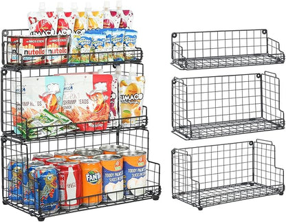 X-cosrack Stackable Wire Basket 3 Tier Countertop& Wall Mounted Metal Storage Basket for Kitchen Pantry Cabinet, Muti-functional Open Front Bin Organizer for Food Fruit Snack, Black