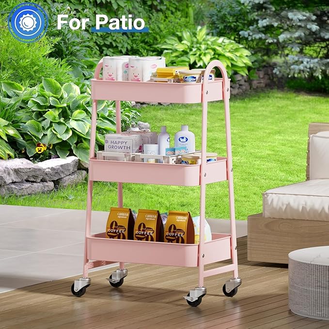 Utility Cart on Wheels, Metal Rolling Storage Cart Three Tier Small Cart with Lockable Wheels, Heavy Duty Kitchen Storage Cart with Handle, for Office, Living Room, Bathroom (Pink)