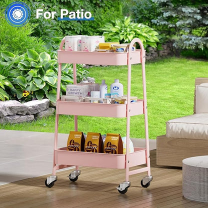 Utility Cart on Wheels, Metal Rolling Storage Cart Three Tier Small Cart with Lockable Wheels, Heavy Duty Kitchen Storage Cart with Handle, for Office, Living Room, Bathroom (Pink)