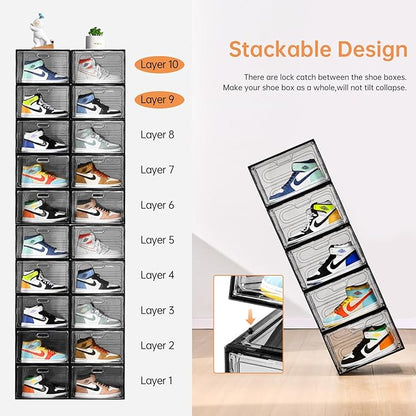 Amllas New Gray 8 Pack Shoe Boxes Stackable, Large Shoe Storage Organizer with Lids,Drop Side Shoe Containers for Entryway,Sneaker Storage Fit up to US Size 13 for Men/Women(13’’x 10.6”x 8.3”)