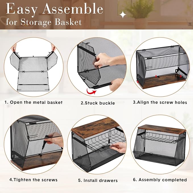 2 Pcs Stackable Fruit Basket with Lid for Kitchen Counter Storage Basket with Drawer Mesh Wall Hanging Wire Baskets with Lid Metal Vegetable Container for Kitchen 13.8 x 8.3 x 9.8''(Black)