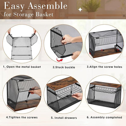 2 Pcs Stackable Fruit Basket with Lid for Kitchen Counter Storage Basket with Drawer Mesh Wall Hanging Wire Baskets with Lid Metal Vegetable Container for Kitchen 13.8 x 8.3 x 9.8''(Black)