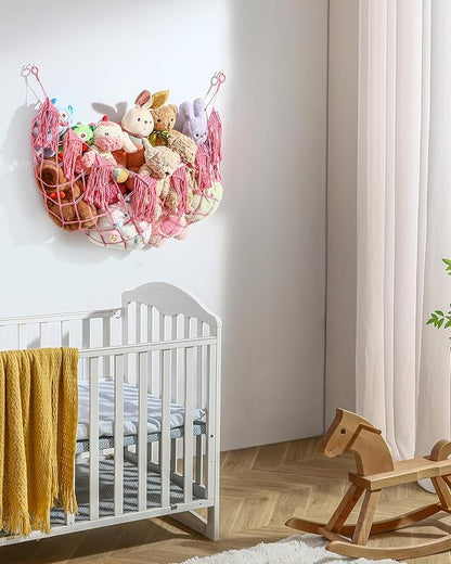 Macrame Stuffed Animal Hammock Toy Storage with Lights - Small Wall Net Toys Storage Stuff Animal Organizer Holder,Pink Room Decor for Teen Girls,Boho Nursery Bedoom Decor Aesthetic