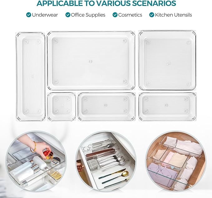 Ravinte Decor 12 Pack Drawer Organizer - 6" X 9" Clear Acrylic Storage Bins with Non-Slip Pads, Versatile Desk Tray for Makeup, Jewelry, Kitchen, Bathroom, and Office Organization