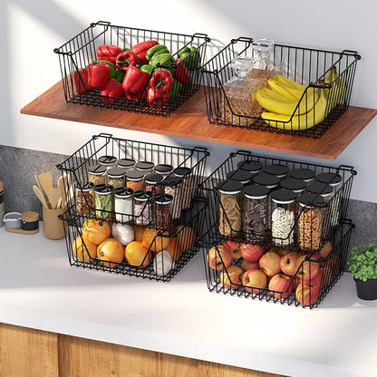 Stackable Wire Metal Baskets Sturdy Cabinet Organizer Wire Pantry Freezer Bin with Handle for Home Bathroom Kitchen Fruit Vegetable Organization, Black, 2Packs