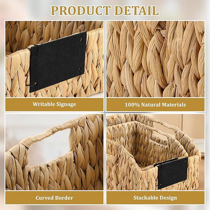 4 Pack Water Hyacinth Pantry Organizers, Wicker Storage Basket with Handles Chalkboard Labels Marker, Woven Storage Baskets for Shelves Kitchen Bedroom Bathroom