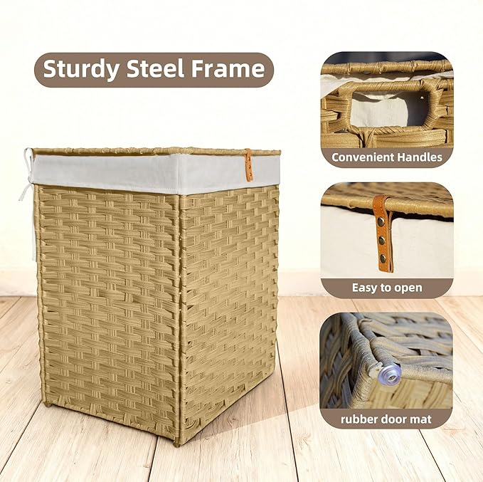 Woven Laundry Hamper with Lid,34 Gal(130 L) Rattan Wicker Laundry Basket 2 Sections with Lid, Removable Machine Washable Line, Large Clothes Hamper with Handles for Bathroom Bedroom, Yellow
