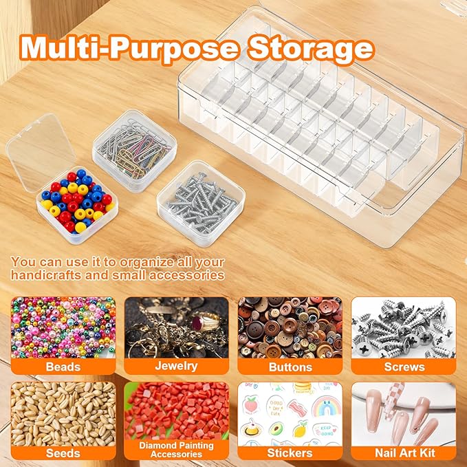 Bead Organizer Box, 24 PCS Clear Plastic Storage Containers Features Hinged Lid and Labels, Craft Storage Box for Jewelry, Diamonds, Clay Beads, Bracelets, Screws, Seeds, Small Parts