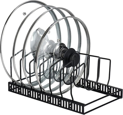 Toplife Pot Lids Organizer Rack for Cabinet and Countertop, 7+ Pan Lids and Bakeware Organizer Rack Holder with 7 Adjustable Compartments - Black