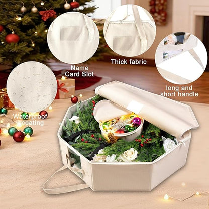 2 Pack Wreath Storage Christmas Garlands Bag with Interior Pockets Large Xmas Container Box for Holiday Decorations Case with Zipper Handles Window Labeling Card Slot 24" Houndstooth