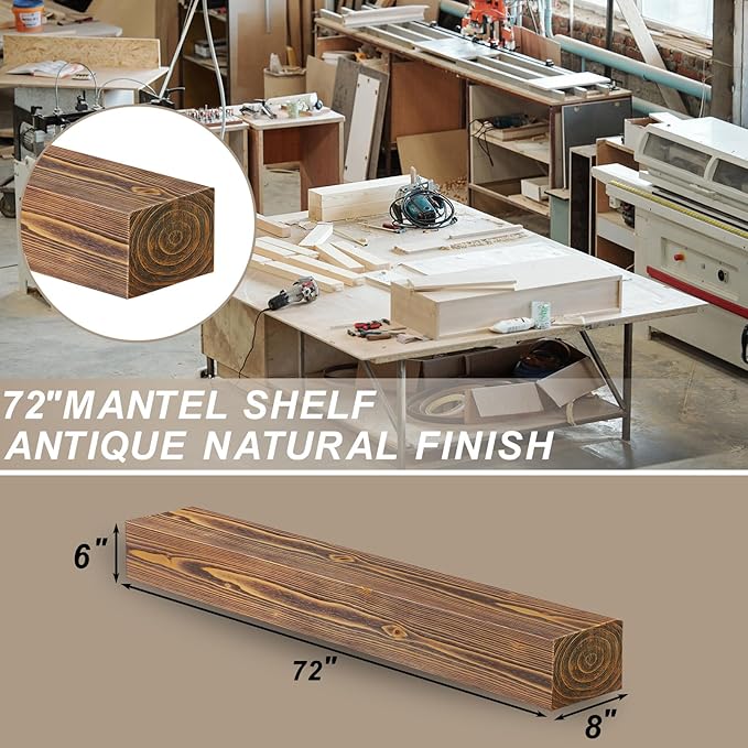 ROOMTEC Fireplace Mantel, 72" Floating Fireplace Shelves, Wall Mounted Wooden Display Shelving, Handcrafted Wood Brack, Natural Mantels Over Fireplace | 72" x 8" x 6" - Brown