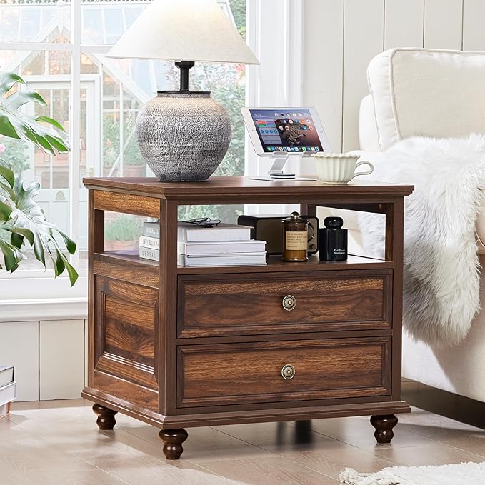 Joaxswe 24" Wide Farmhouse Night Stand Set of 2,Large End Table with 2 Drawers & Metal Handle,Brown Wood Dresser for Bedroom, Bed Side Table Chest of Drawers Cabinet, Nightstand for Living Room,Closet