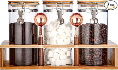 Glass Coffee Storage Container with Bamboo Shelf, 3PCS 49oz Airtight Sealed Coffee Bean Jar with Clamp Lid & Measuring Spoon, Kitchen Pantry Canister Set for Ground Coffee Sugar Tea Flour