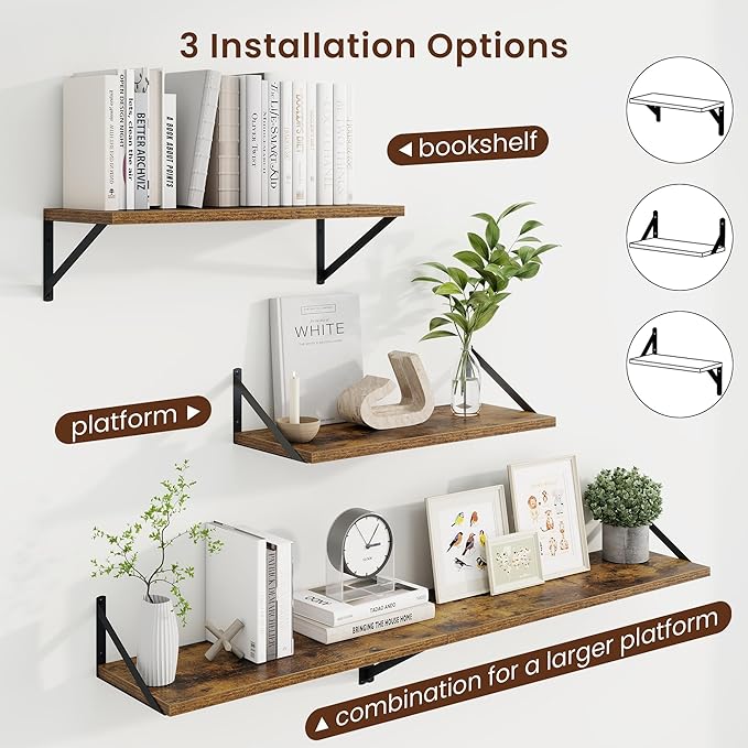 Axeman Deep Floating Shelves | 24 Inch Brown Wall Shelves Set of 2 | 10 Inch Deep Wood Floating Shelves for Wall | 24" W x 10" D Rustic Brown Shelves for Living Room Bathroom Kitchen