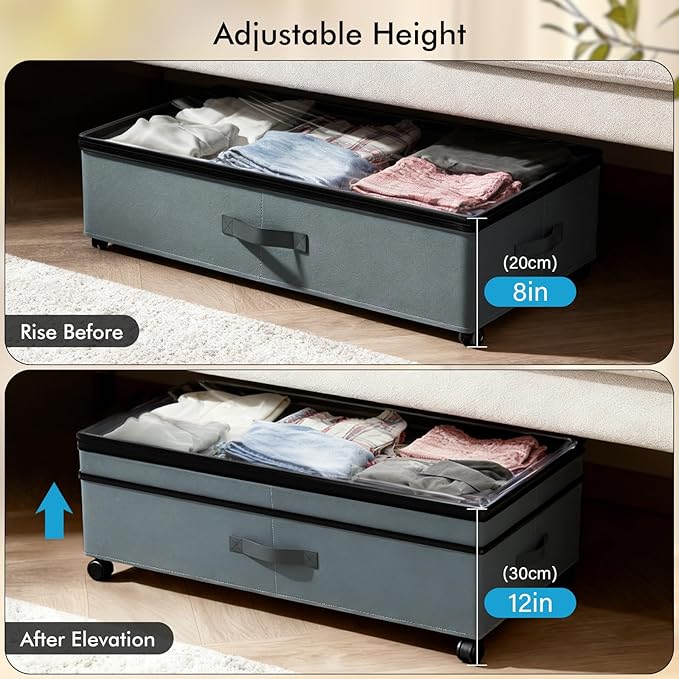 Vadmas 2-Pack Under Bed Storage Containers with Wheels, 75L Each Underbed Storage Organizer with Clear Handles, Collapsible Under Bed Storage Boxes for Clothes, Bedding, Max Load 80 LBS, Gray