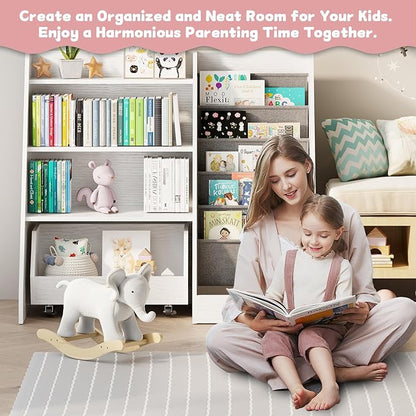COZPAW Kids Bookshelf and Toy Storage, 4 Tier Toddler Bookshelf with Movable Drawer 5 Sling Pockets, Montessori Book Shelf for Kids Room, Playroom, Nursery (White)