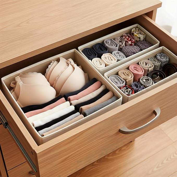Drawer Organizer 2 Pack - Foldable Storage Bins for Underwear, Socks & Bras - Khaki Fabric Closet Dividers