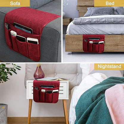 Sixyotie Sofa Armrest Organizer Non-Slip Remote Control Holders for Recliner Couch Chair Armchair Caddy with 5 Pockets for Table,Cell Phone,Ipad,Magazines,Books (13x35In, WineRed)