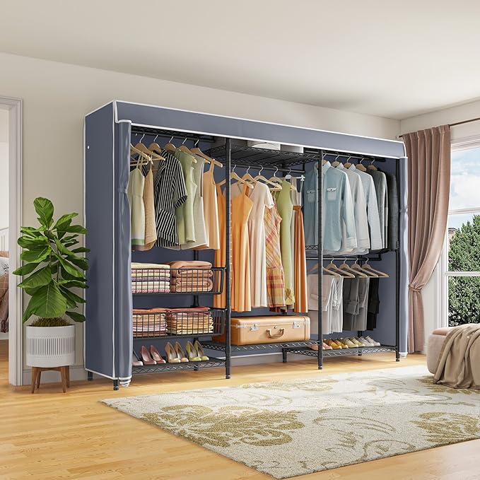 VIPEK V10C Portable Closets Heavy Duty Clothes Rack with Slid Basket, Wardrobe Closet, Black Clothing Rack with Grey Oxford Fabric Cover, Adjustable Closet Storage Rack 70.1" Lx17.3 Wx76.4 H