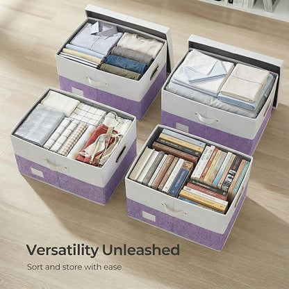 PRANDOM Collapsible Storage Bins with Lids [3-Pack] Linen Fabric Foldable Storage Boxes Organizer Containers Baskets Cubes with Cover for Bedroom Closet Nursery Purple&White (23.4X15.9X11.4)