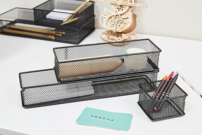 Annova Mesh Stackable Drawer Cabinet and Shelf Organizer Bins Storage Basket School Office Supply Holder Tray- Set of 2 (Black, 3x9x2 Inch)