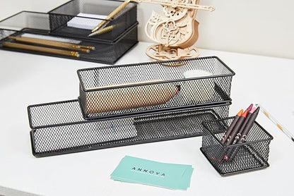 Annova Mesh Stackable Drawer Cabinet and Shelf Organizer Bins Storage Basket School Office Supply Holder Tray- Set of 2 (Black, 3x9x2 Inch)