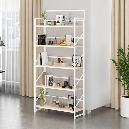 JSB Folding Bookshelf,Industrial Storage Shelves, No Assembly Vintage Wood Look Bookshelf with Storage Shelves for Living Room, Bedroom, Office (White, Wide 5-Tier)