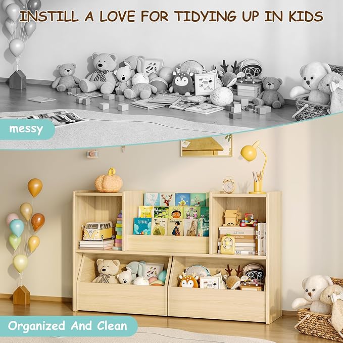 Kids Bookshelf and Toy Storage, 2-Tier Toddler Bookshelf with Storage Cubbies and 2 Movable Drawers on Wheels, Toy Storage Organizer, Montessori Bookcase for Kids Room, Playroom, Nursery