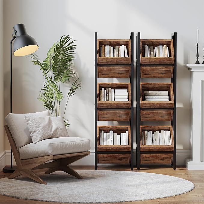LITTLE TREE 3-Tier Basket Stand, Wooden Floor Stand Shelving Unit, Rustic Standing Organizer Storage Rack for Kitchen, Bathroom, Living Room (2, Rustic Brown)