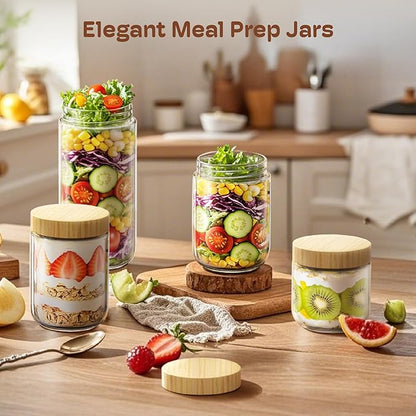 2 pack 10oz Overnight Oats Containers with Bamboo Lids, Glass Jars with Airtight Lids for Meal Prep, Wide Mouth Mason Salad Jars, Glass Food Storage Container for Yogurt Chia Snacks Spice Sugar