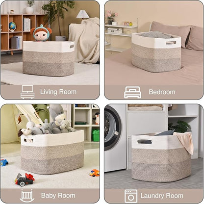 Extra Large Blanket Basket Living Room, Rectangle Storage Basket, Large Woven Baskets for Storage, Cotton Rope Basket for Toys, Clothes, Gradient Brown - 25”x16”x16” (105L)